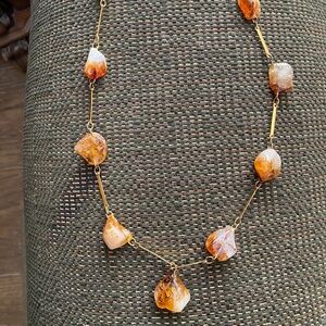 Vintage raw citrine gemstone necklace w/ gold-toned brass metal accents.